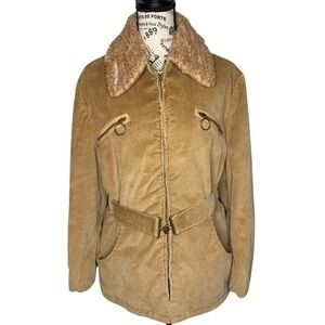 VTG Campus Corduroy Belted Quilted Zip Car Coat Shearling Collar XL Brass Detail